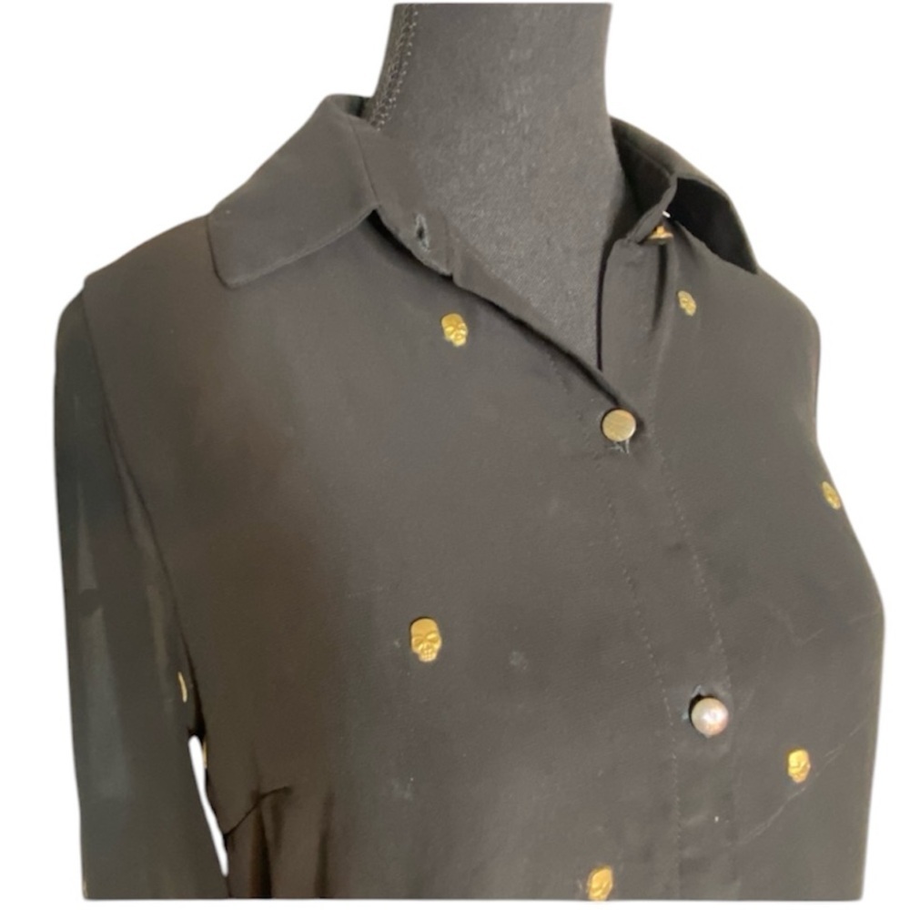 SEDUCTION Black Sheer Blouse Gold Toned Skull Embellishments Halloween Goth XS